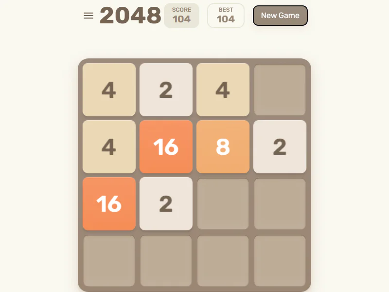 2048のスコア104の盤面に16のタイルが2枚、8のタイルが1枚並ぶゲーム中画面