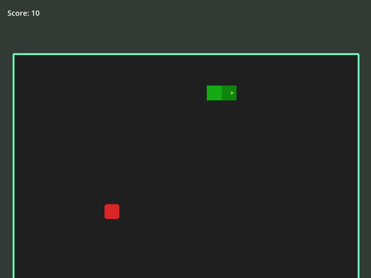 A Simple Snake GameでScore 10、緑色のヘビと赤い餌が盤面に表示された実プレイ画面