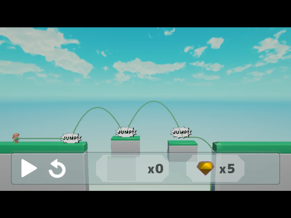 アクションゲームの裏方さんの第2ステージで2つの足場を配置し、3本の緑の移動ルートとJUMP表示が開始地点からゴール側へ続く再生前のゲーム画面