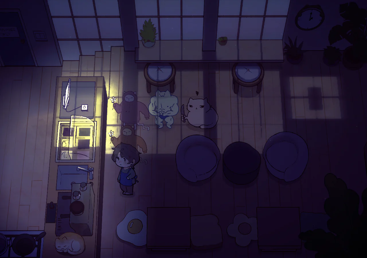 an average day at the cat cafeの夜の店内で、筋肉質の青い客と丸い白猫など奇妙な客が列に並ぶゲーム中画面