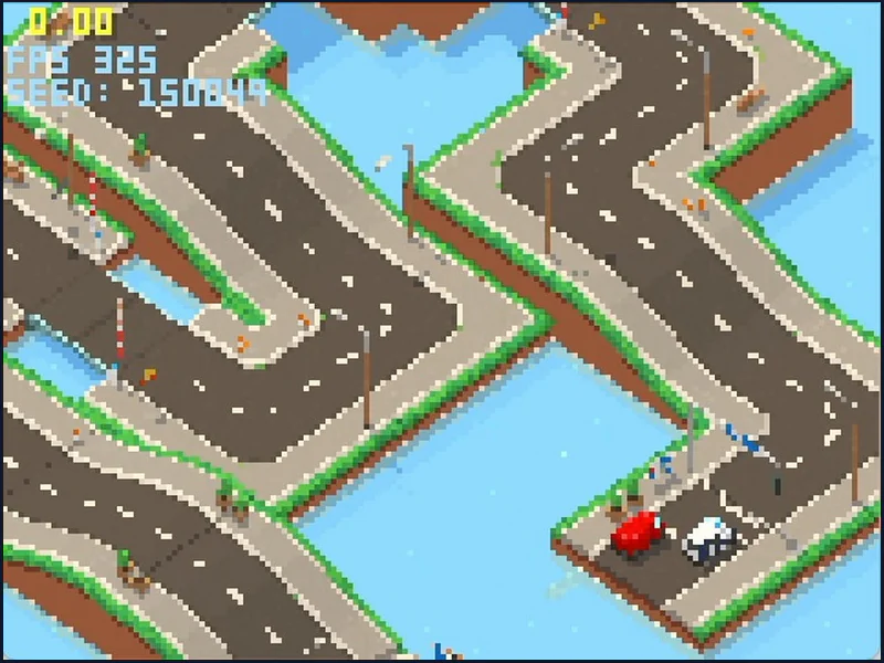 Autopeliで、水路に囲まれたコースの全景と、スタート地点の赤と白の車が見える画像