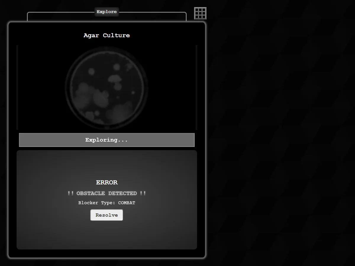 BIOTOMATAのAgar Culture探索画面で、探索中にCOMBAT障害を検出しResolveボタンが表示されたゲーム中画面