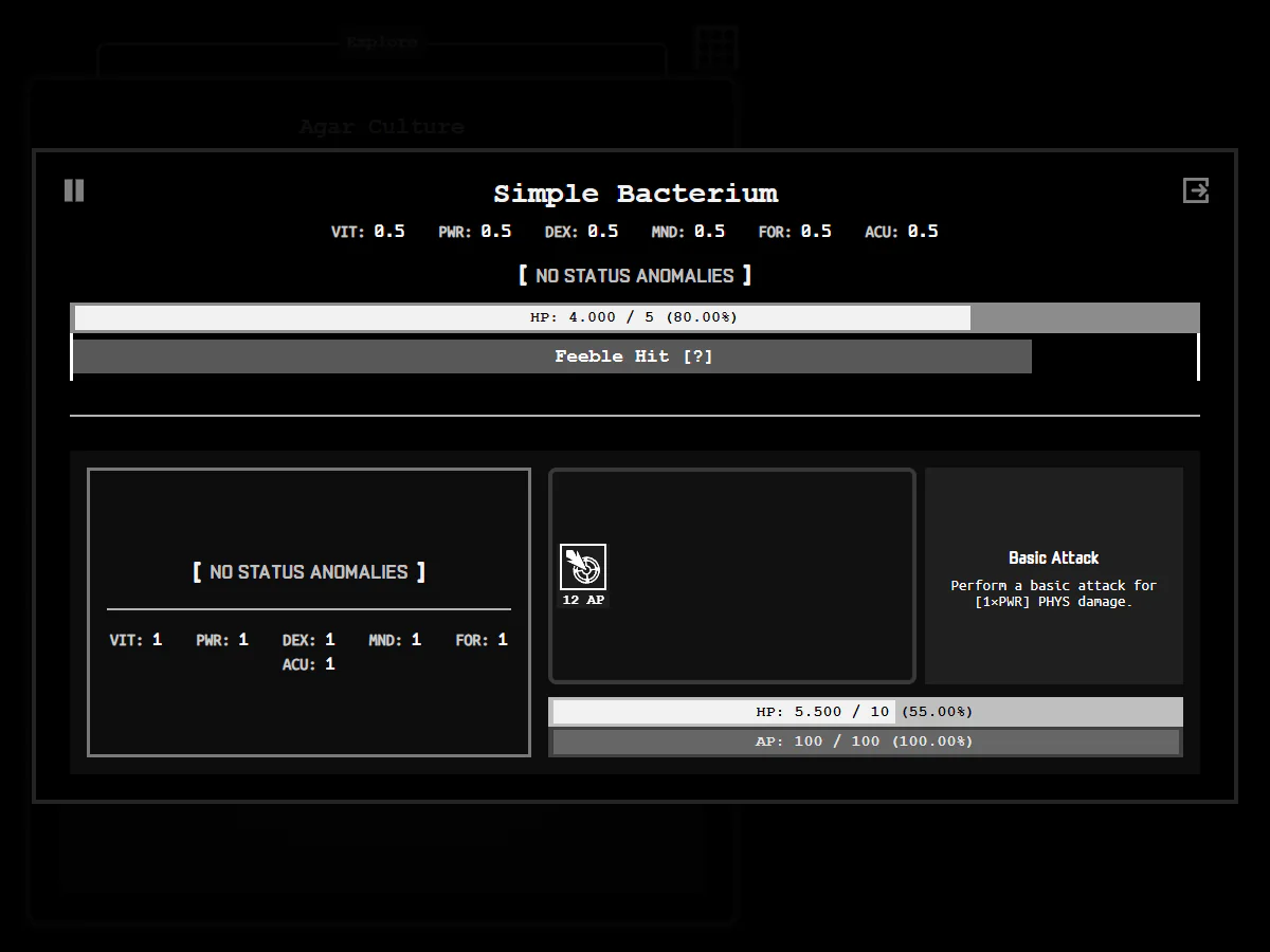 BIOTOMATAでSimple Bacteriumと戦い、敵味方の能力値、HP、AP、Basic Attackの説明が並ぶゲーム中画面