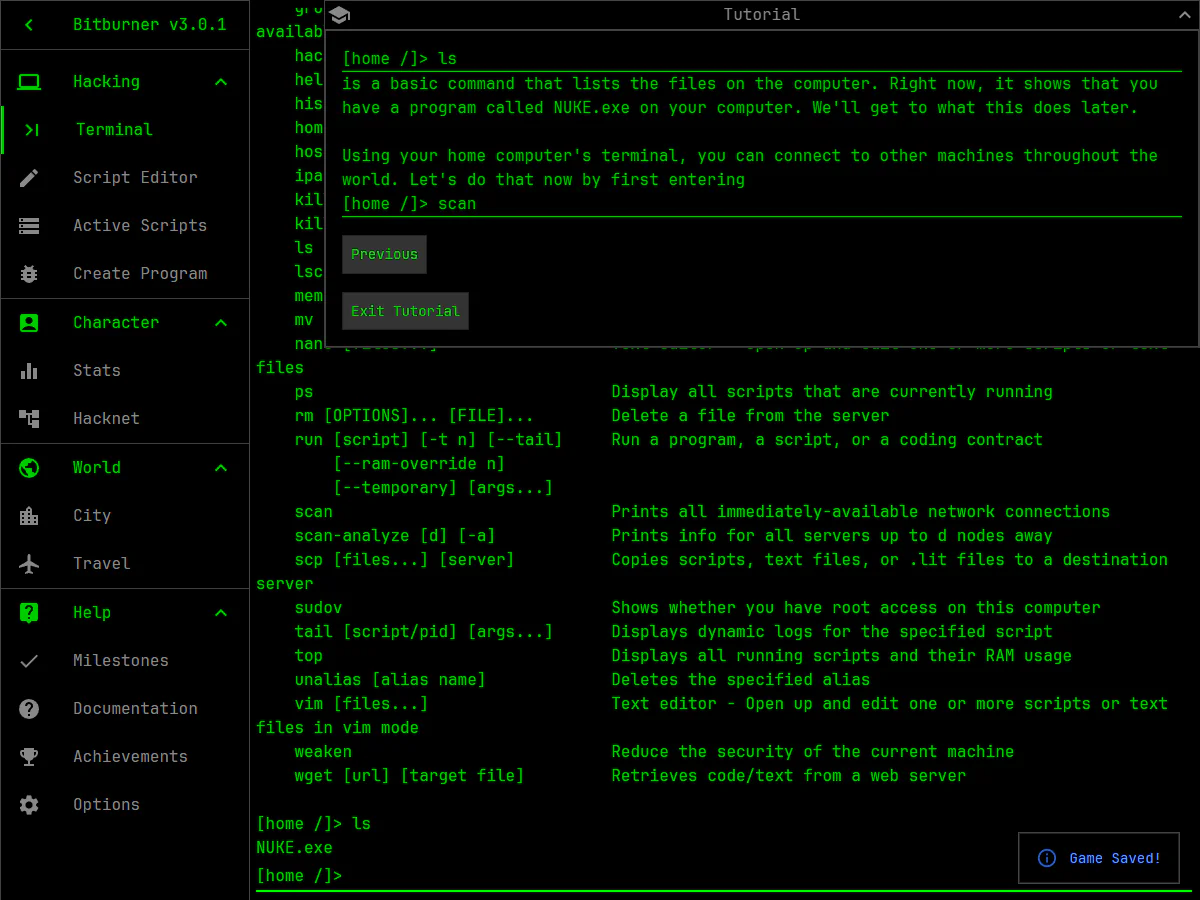 BitburnerのTerminalでhelpとlsを実行し、コマンド一覧とNUKE.exeが表示され、上部の英語チュートリアルがscanの入力を案内しているゲーム中画面