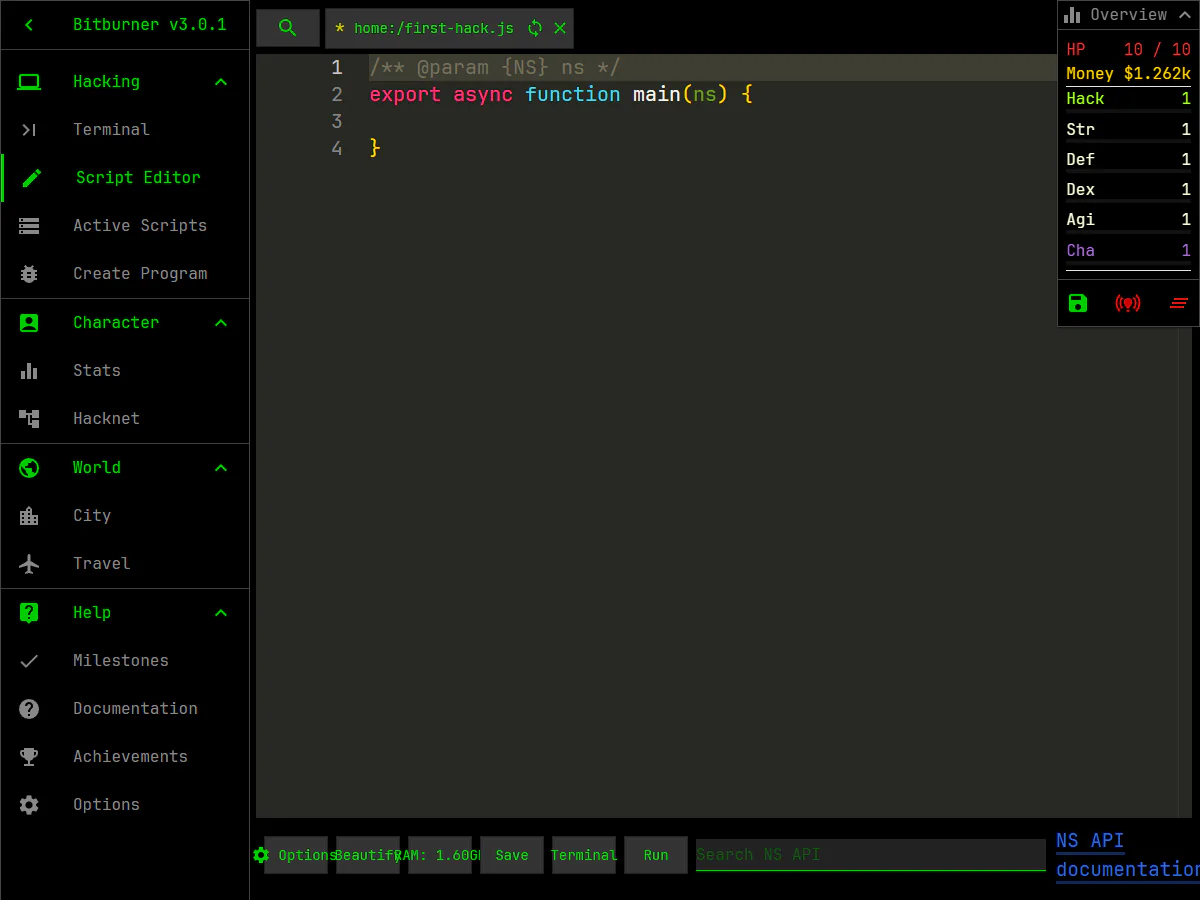 BitburnerのScript Editorでfirst-hack.jsを開き、JavaScriptのmain関数テンプレートと右側の能力値を表示しているゲーム中画面