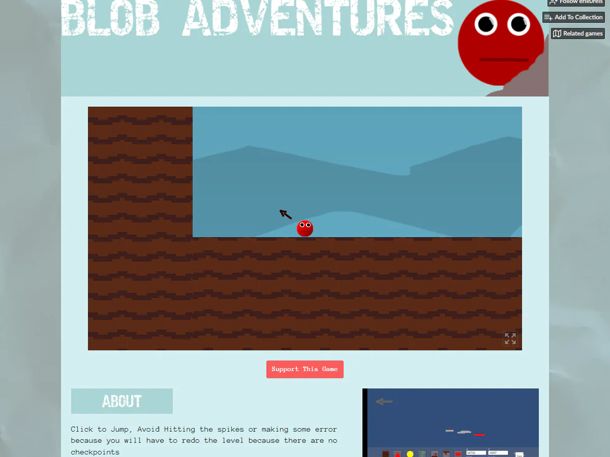 Blob Adventuresで赤いBlobと跳ぶ方向を示す黒い矢印が表示された最初のステージ