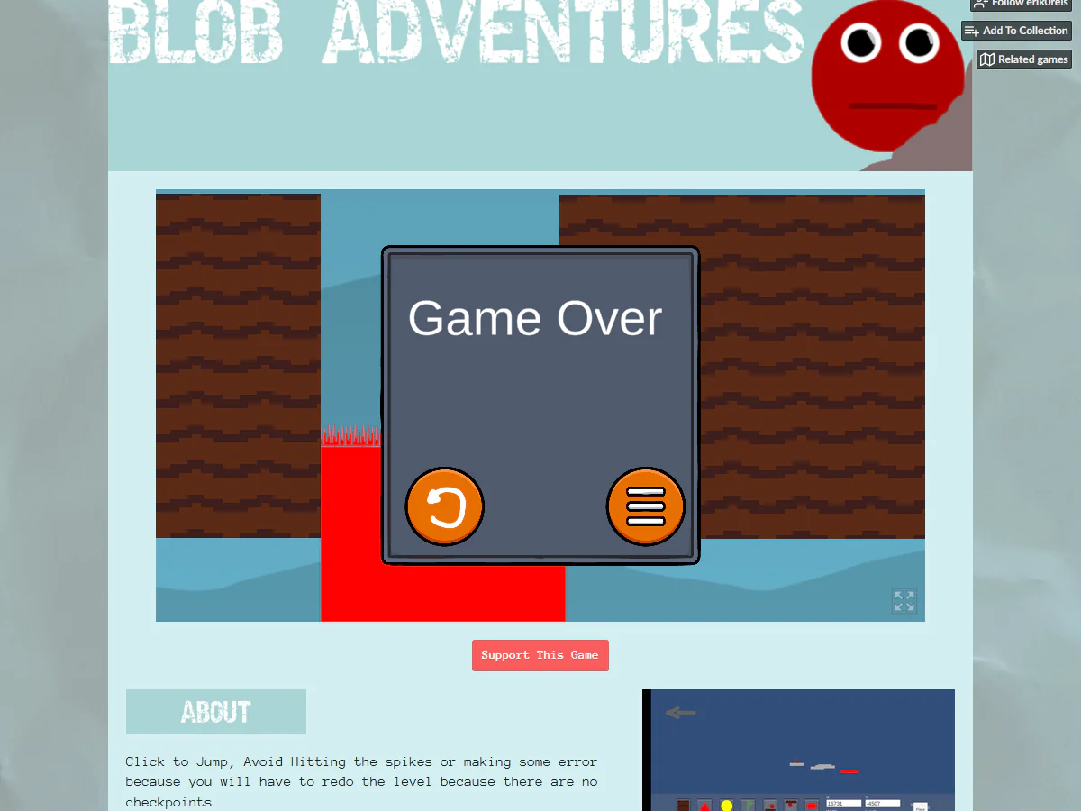 Blob Adventuresで赤い足場とトゲに触れ、再挑戦とメニューのボタンが現れたゲームオーバー画面