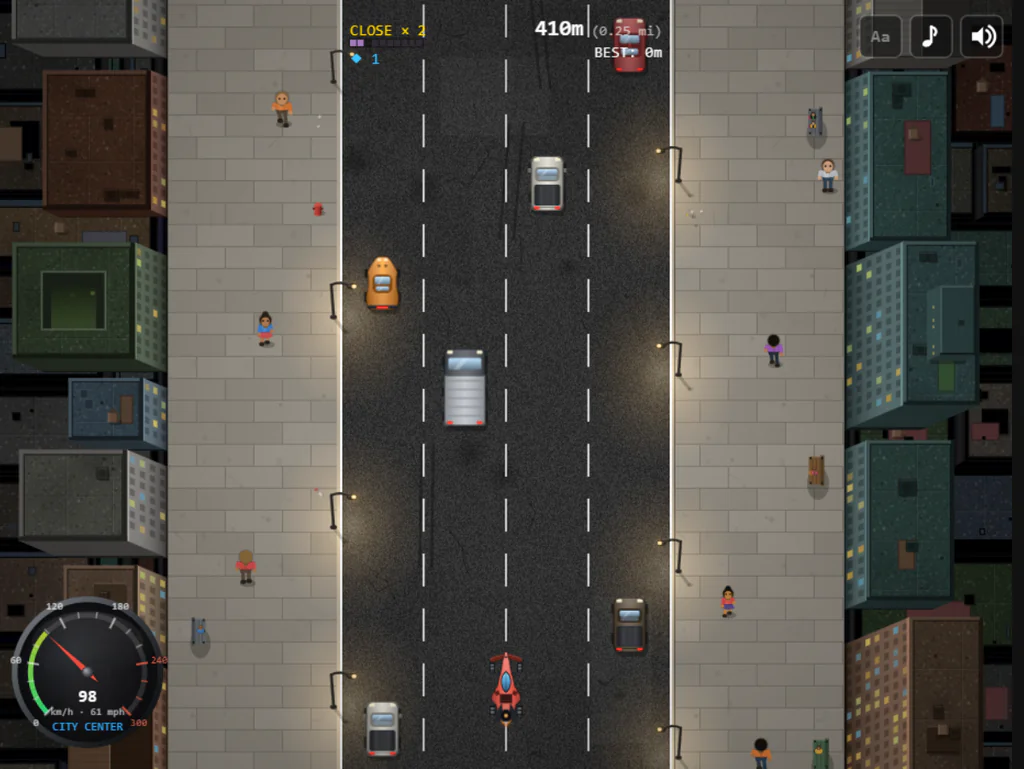 BrakelessのCity Centerを赤い車で走り、410m地点で乗用車やトラックを避けているトップダウンのゲーム中画面