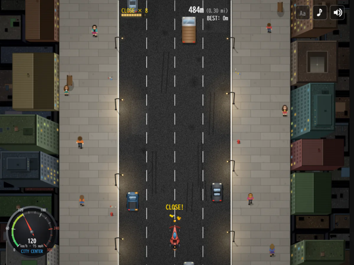 BrakelessのCity Centerを赤い車で走り、484m地点でCLOSE表示とニアミス数8、速度120km/hが見えるゲーム中画面