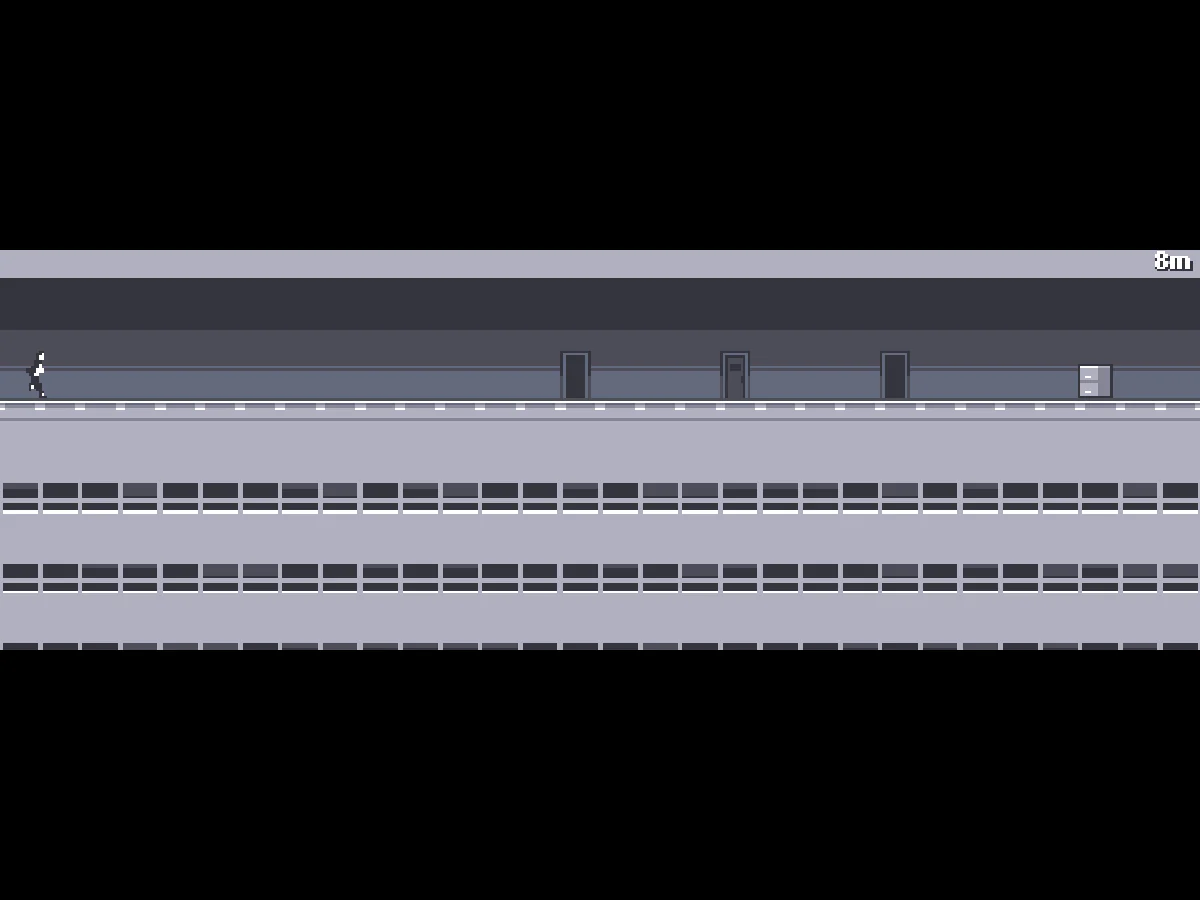 Canabaltで、走行開始後8mの人物が建物内の通路を右へ走るプレイ画面