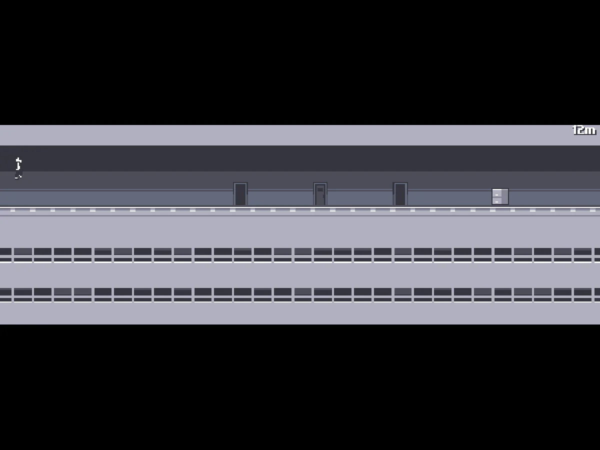 Canabaltで、走行開始後12mの人物が建物内の通路をジャンプするプレイ画面