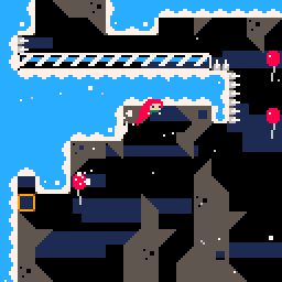CELESTE Classicで赤髪の主人公が雪の足場を斜め上へダッシュする公式プレイ映像の一場面