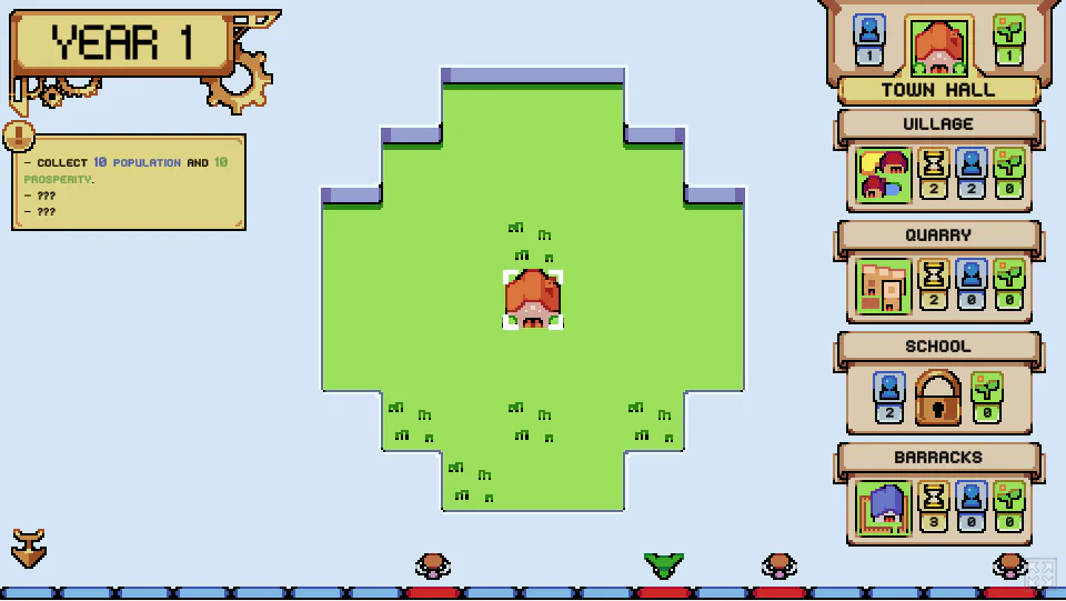 ChibilizationのYear 1でTown Hallが建ち、右側にVillage、Quarry、School、Barracksの建設候補が表示されたゲーム中画面