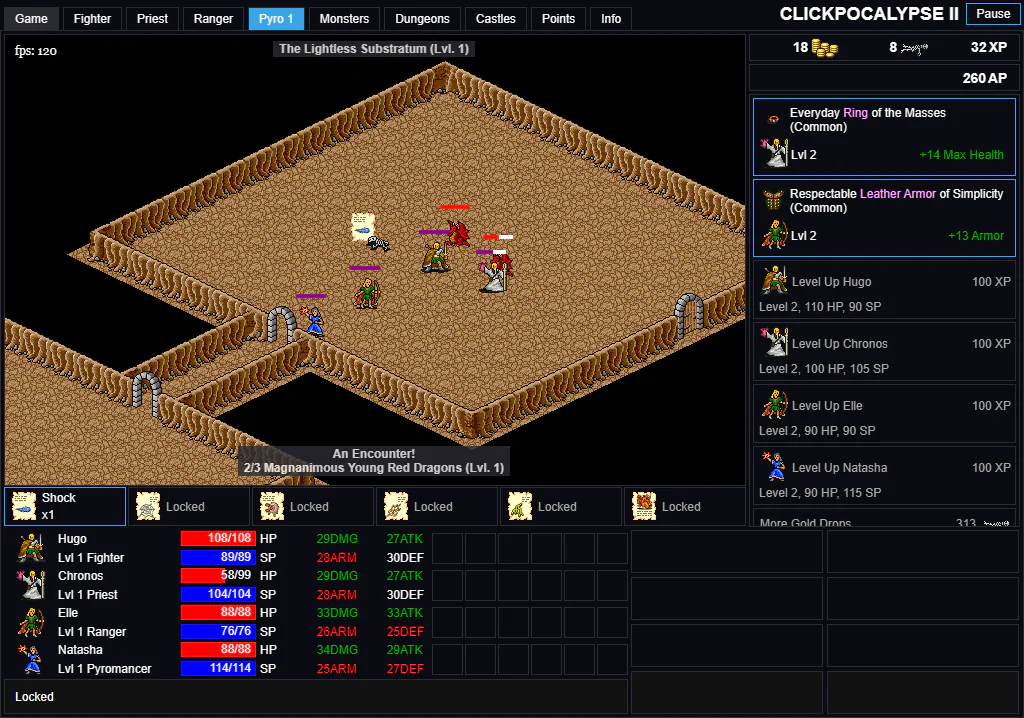 CLICKPOCALYPSE IIで4人パーティがYoung Red Dragonsと戦い、右側に指輪と鎧の戦利品が並ぶゲーム中画面
