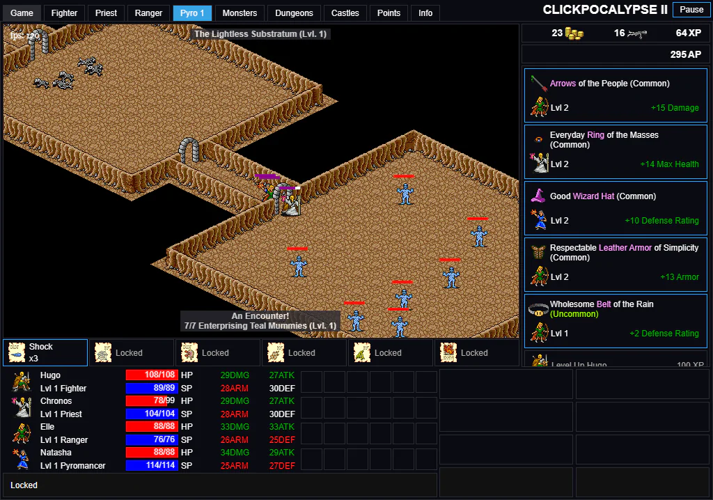 CLICKPOCALYPSE IIで4人パーティがTeal Mummiesの集団と戦い、複数の装備品が戦利品欄に並ぶゲーム中画面