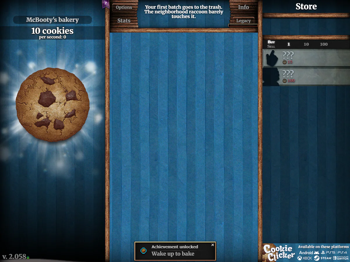 Cookie Clickerで大きなクッキー、10 cookiesの表示、建物を購入するStoreが並ぶゲーム中画面
