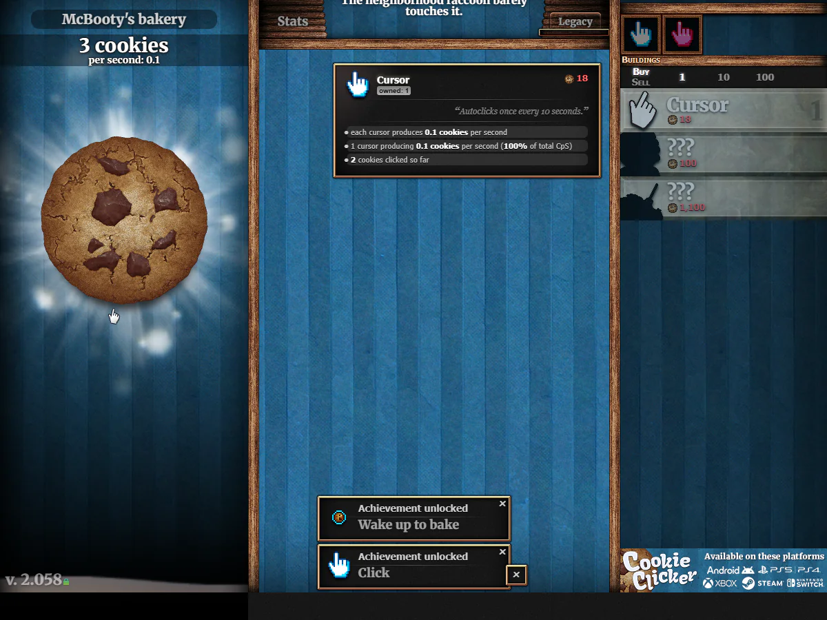 Cookie ClickerでCursorを1台所有し、毎秒0.1 cookiesの自動生産が始まったゲーム中画面