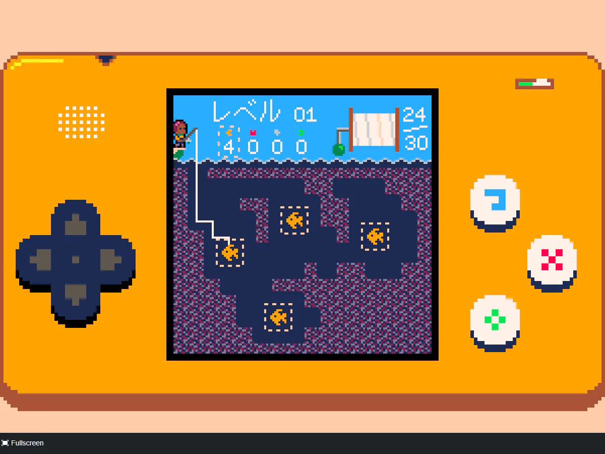Curious Fishingのレベル01で釣り糸が通路を進み、左側のオレンジ色の魚に釣り針が重なったゲーム中画面
