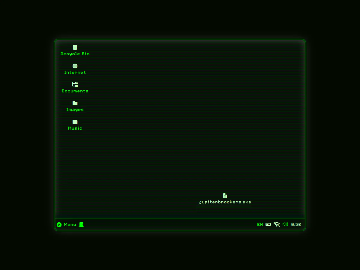 DOL-OSのGuestデスクトップで、Recycle Bin、Internet、Documents、Images、Music、jupiterbrockers.exeのアイコンが並んでいる
