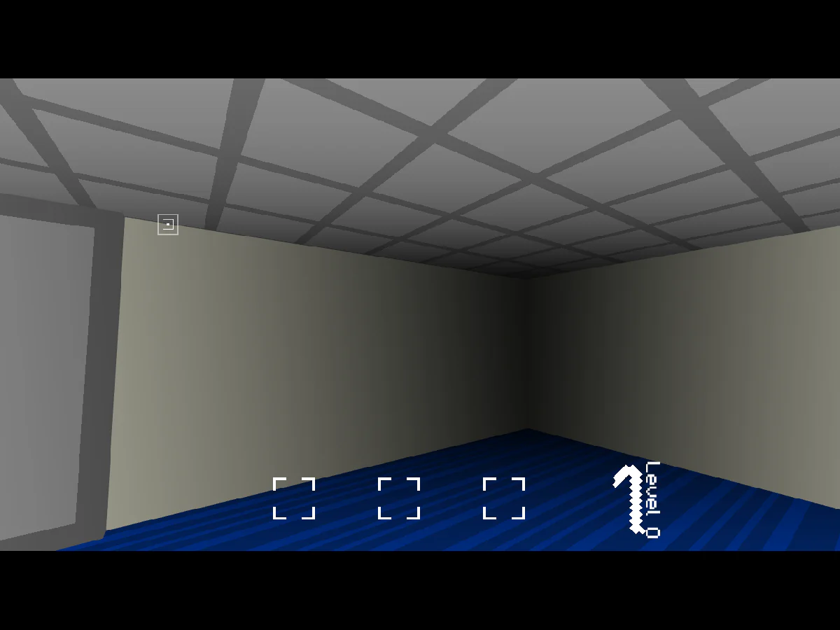 ENTITY SCAVENGERのLevel 1で、青い床の灰色の施設と空の3スロット、Level 1表示が見える一人称視点のゲーム画面