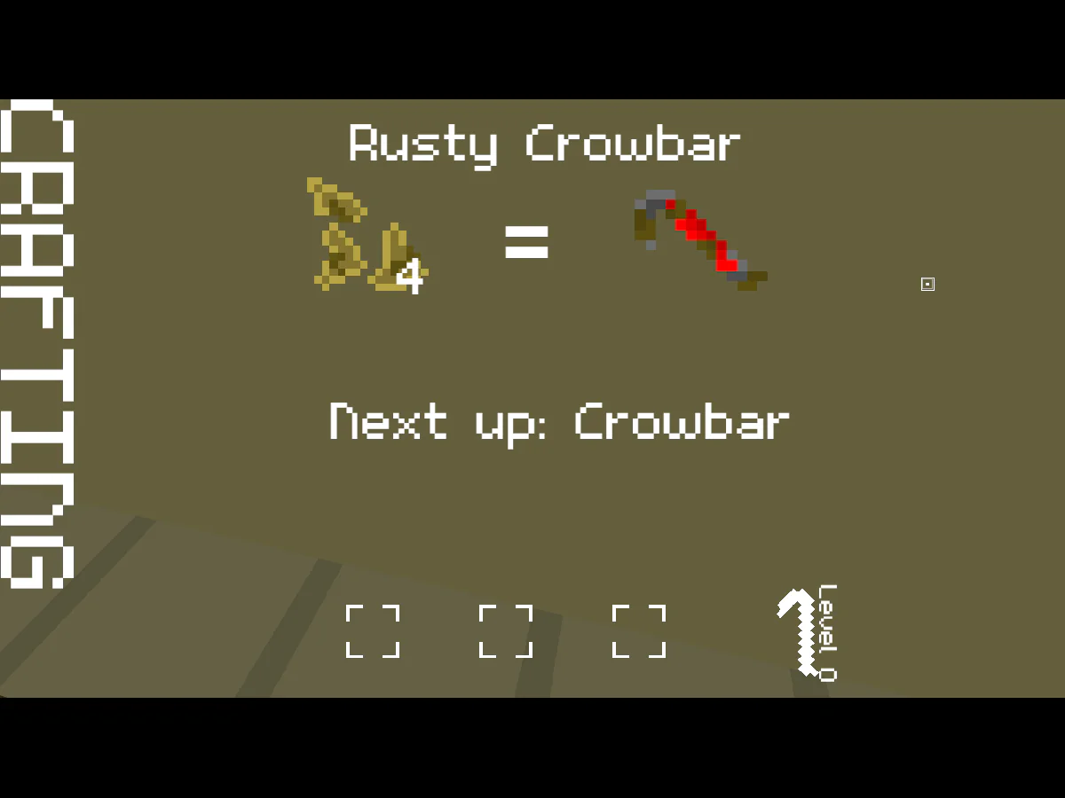 ENTITY SCAVENGERの作業台画面で、Rusty Crowbarの必要素材4個とNext up: Crowbarが表示された状態