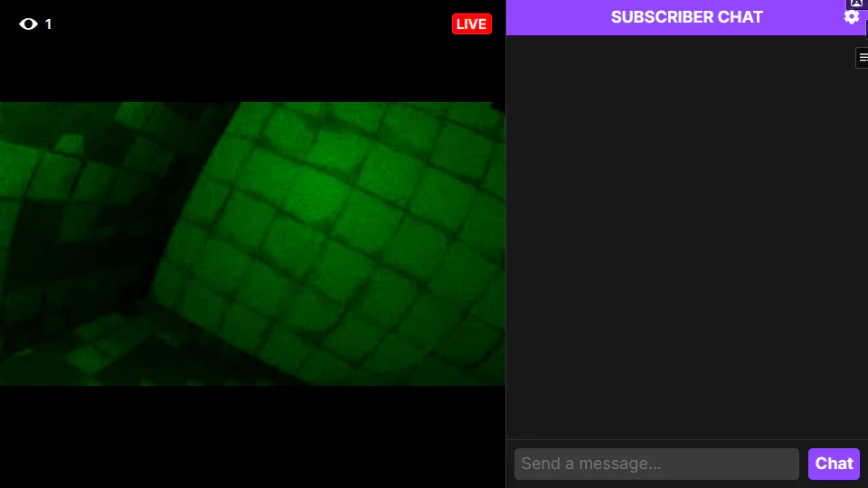 FeedVid Liveのライブ配信画面で、暗い緑色のタイル張りの室内映像、視聴者1人、空のSUBSCRIBER CHATが表示されたゲーム中画面