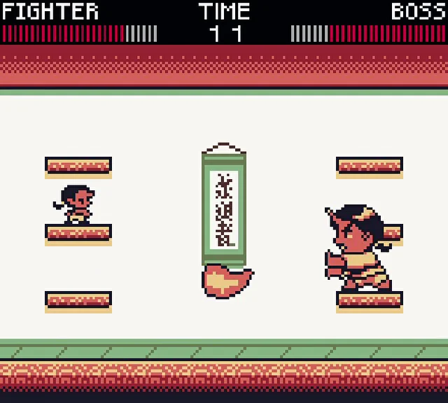 FIGHTER on the Path of GLORYのボス戦で、左の足場にFighter、右の足場にボスが立ち、上部に双方の体力と時間が表示された公式掲載画像