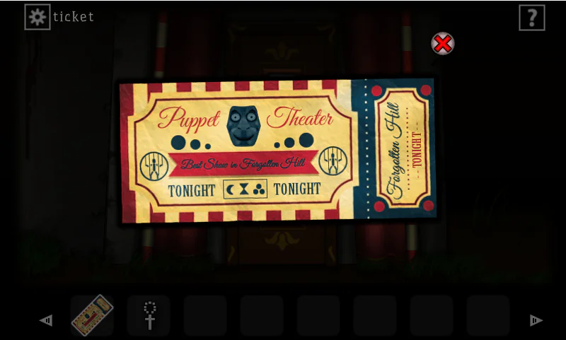 Forgotten Hill: Puppeteerで所持品の劇場チケットを拡大し、模様を確認しているゲーム中画面