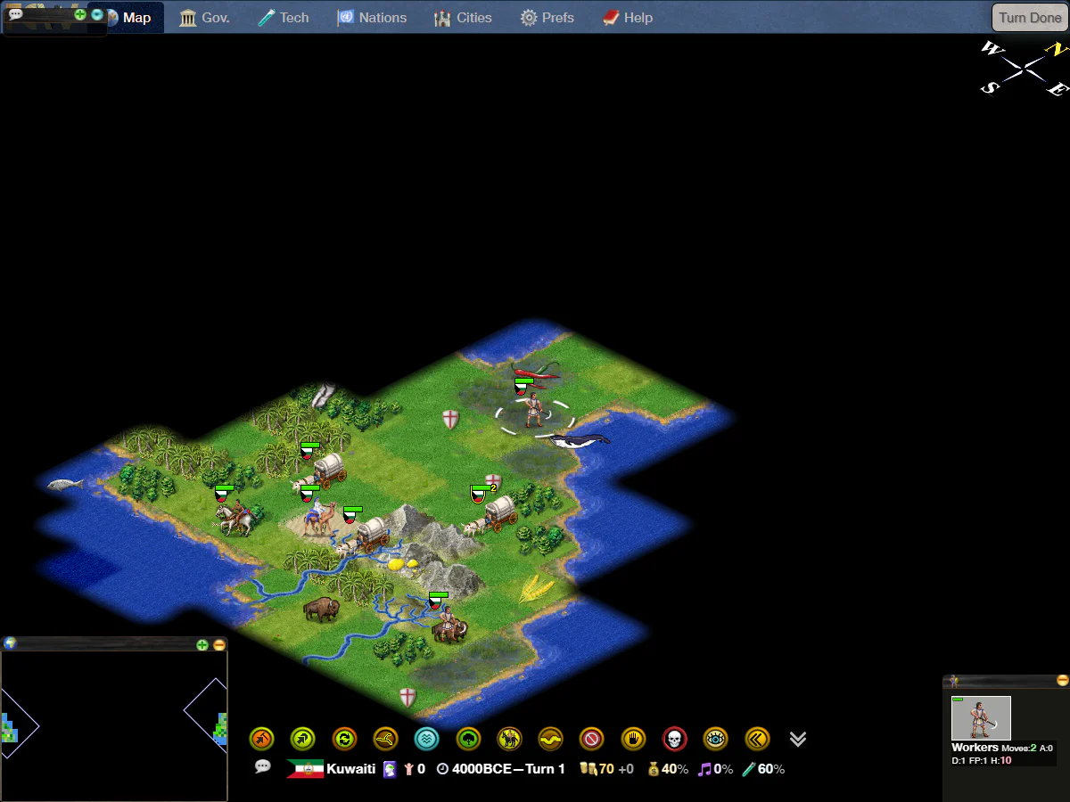 Freeciv-webの4000 BCE、Turn 1で海岸、河川、森林、山地と複数の初期ユニットが表示されたゲーム画面