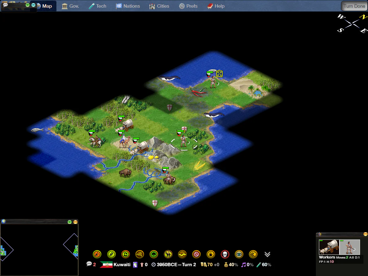 Freeciv-webの3950 BCE、Turn 2で探索範囲が北へ広がり、海岸、砂漠、オアシスが新たに表示されたゲーム画面