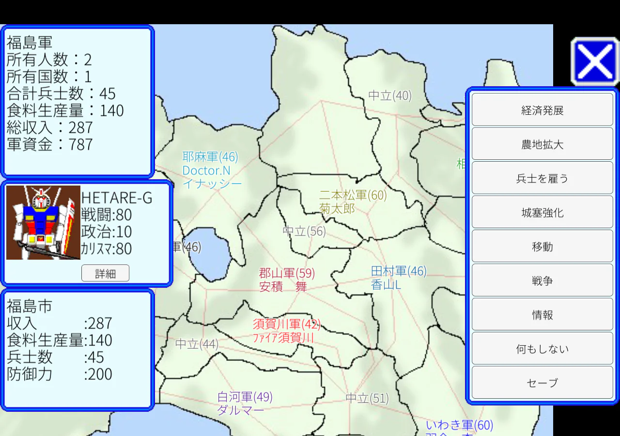 福島軍の行動コマンド画面。地図と将校の情報に加え、経済発展・農地拡大・兵士を雇うなどのボタンが表示されている。