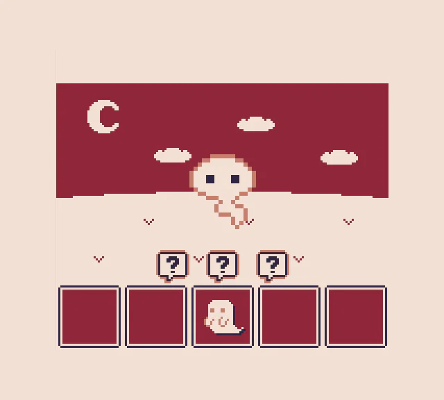 ghostfriendの夜空の下で幽霊が浮かび、画面下に三つの「？」が現れた日本語版のゲーム画面