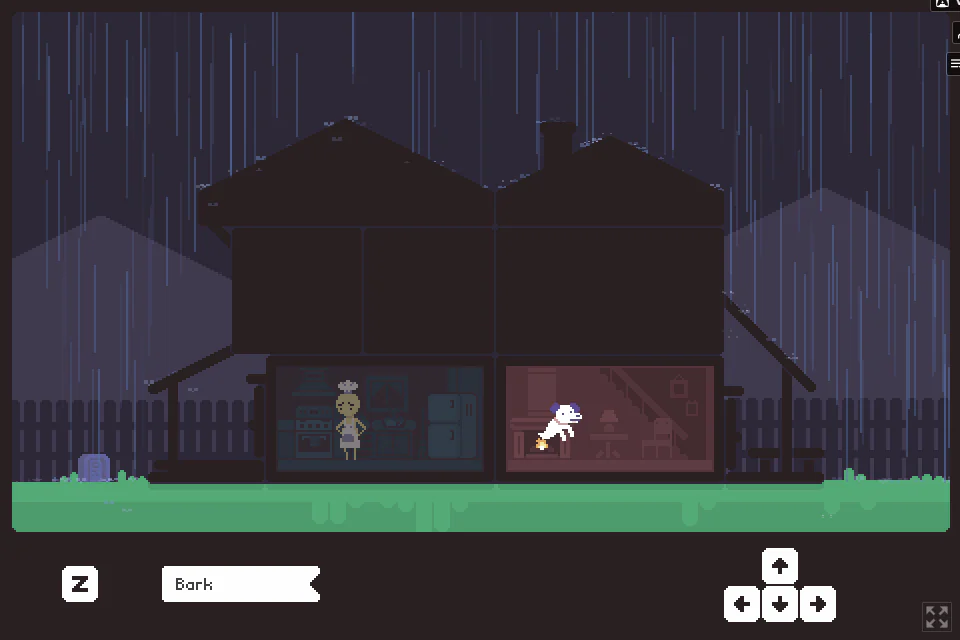 goodbye, doggyの雨の夜の家で、白い犬の霊が右下の部屋に立ち、左下のキッチンに家族が見えるゲーム中画面