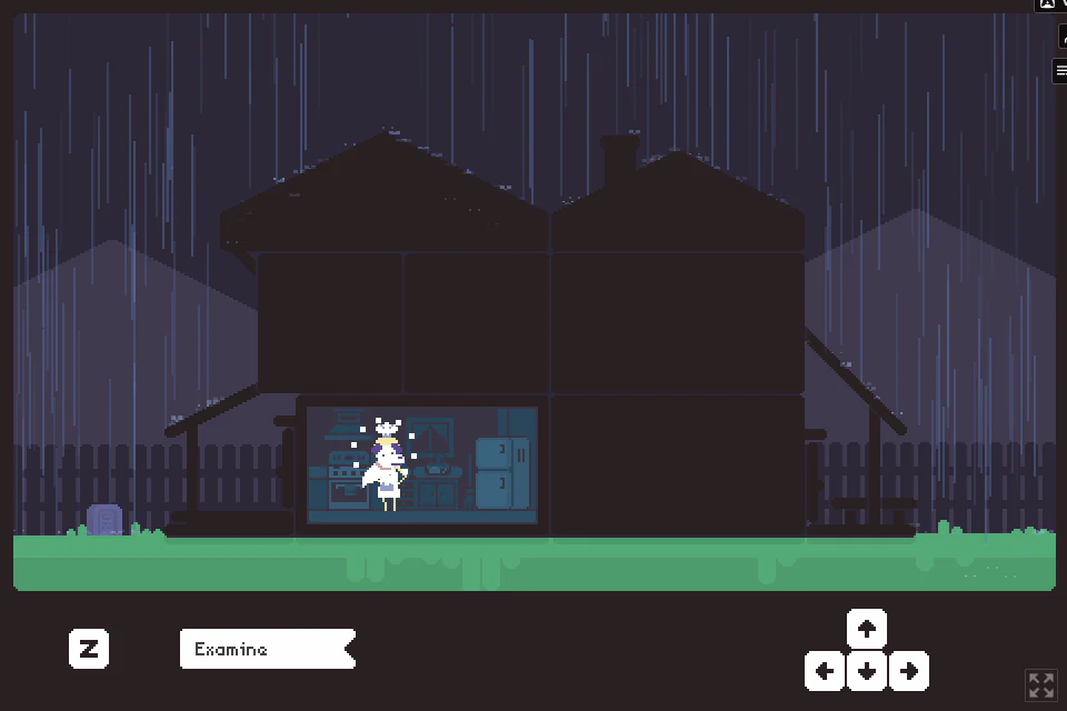 goodbye, doggyで白い犬の霊がキッチンの家族に近づき、画面下にExamine操作が表示されたゲーム中画面