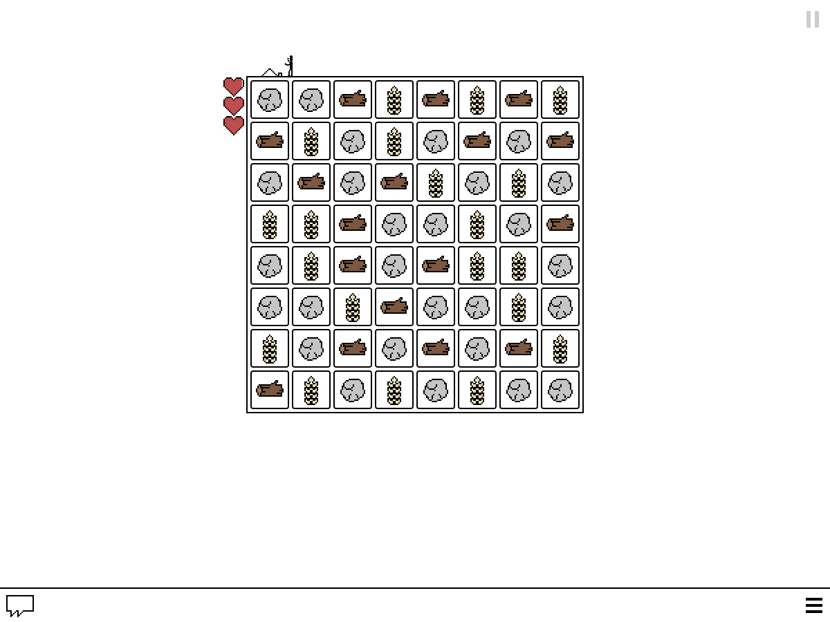 Gridland公式Web版で、木材・石・食料のタイルが並び、画面左に三つのハートが表示された昼の盤面