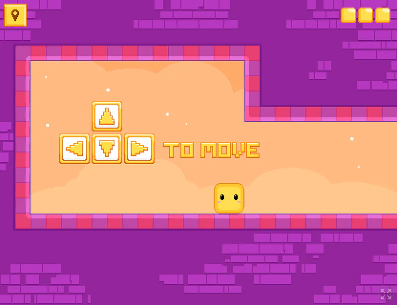 A room with movement information at the beginning.
A yellow Growmi is touching the floor, and a diagram of a direction key and "TO MOVE" are displayed.