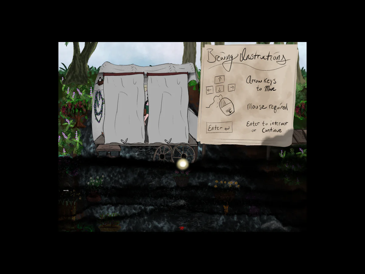 Have Some Tea?の茶の屋台と薬草園、矢印キー・マウス・Enterの操作説明板が並ぶゲーム中画面