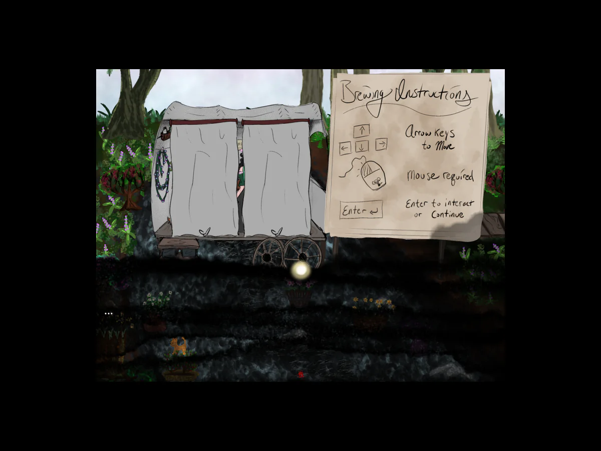 Have Some Tea?で主人公が茶の屋台前から左へ歩き、庭の草花の間へ移動したゲーム中画面