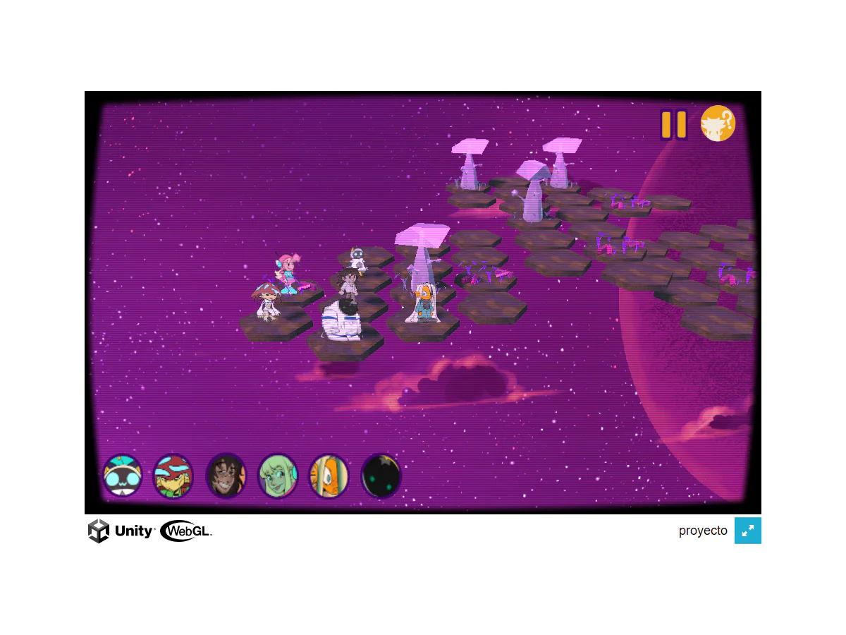 How The Heck Do I Become A Space Captain!の最初の任務で、6人のクルーと進行先の六角形タイルが宇宙空間に並ぶゲーム中画面