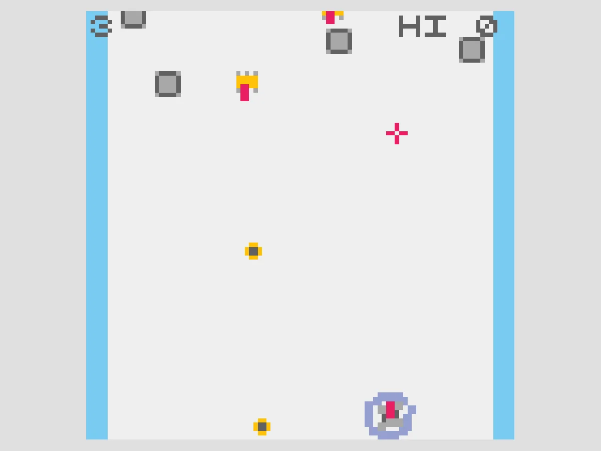 HYPER LASERで、画面下の自機を青いシールドが囲み、上方に敵機と障害物が並ぶゲーム中画面