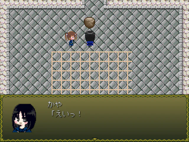 囲碁RPG～幻庵の野望～のゲーム中画面。序盤の石畳の部屋で、かやとイチョウが岩を前に話している。