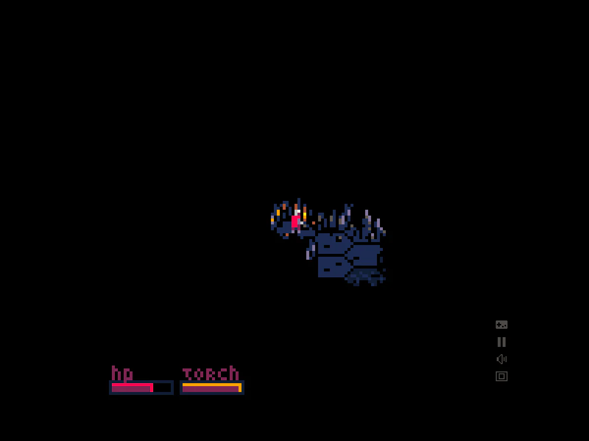 Into Ruinsで松明を持つ冒険者が暗い洞窟の足場に立つゲーム中画面