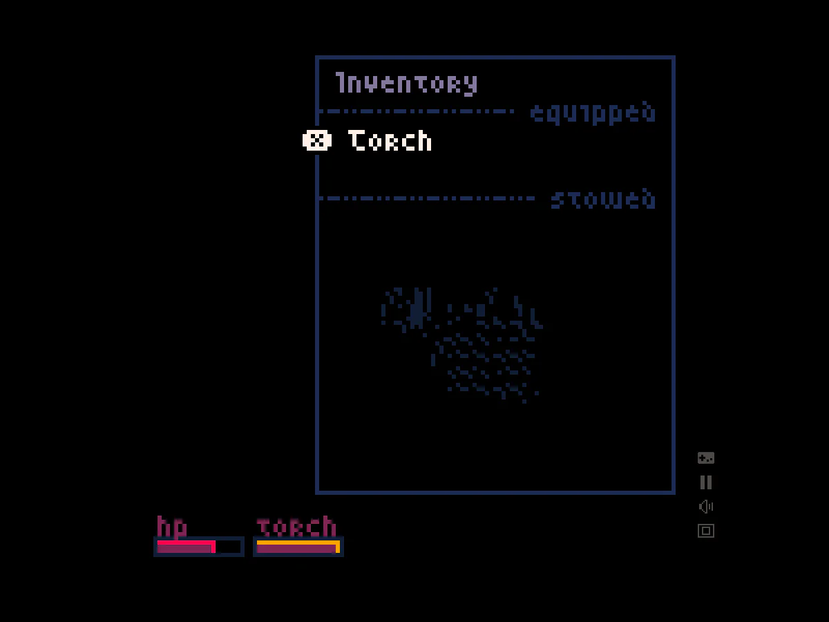 Into RuinsのインベントリにTorchが装備品として表示されたゲーム中画面