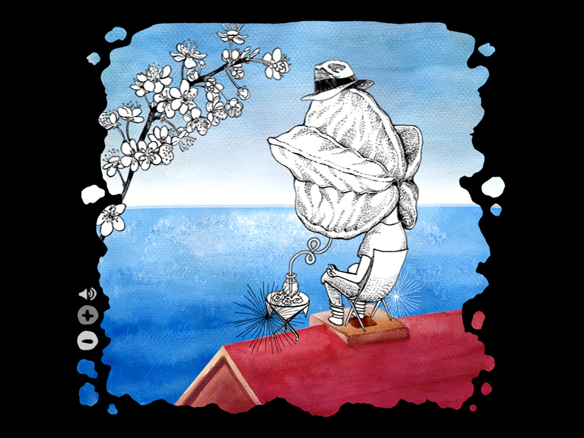 Karambolaの冒頭で、海を望む屋根の上に座った果物の人物と卓上の装置が描かれる手描きのゲーム画面