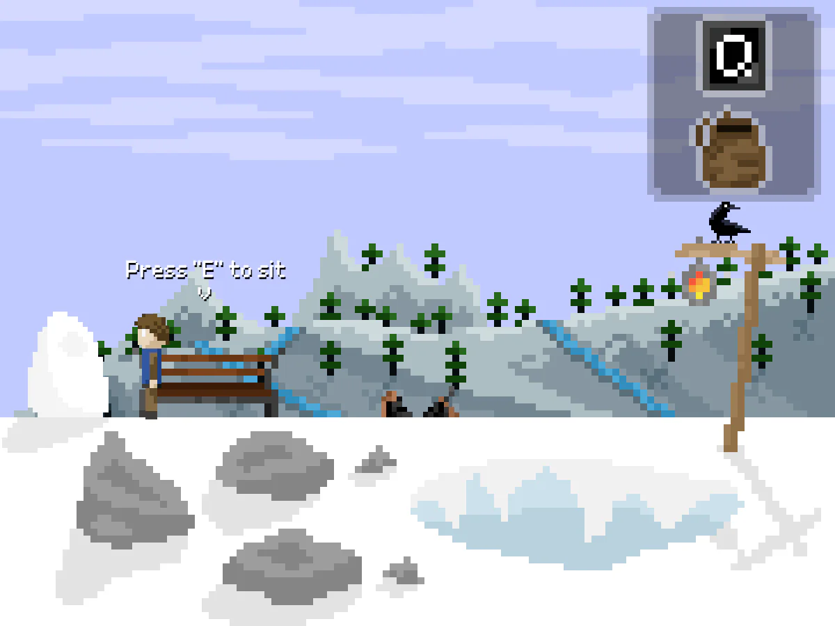 Kinboundで、雪山を望むベンチの前に主人公が立ち、Eキーで座る案内が表示されたゲーム中画面