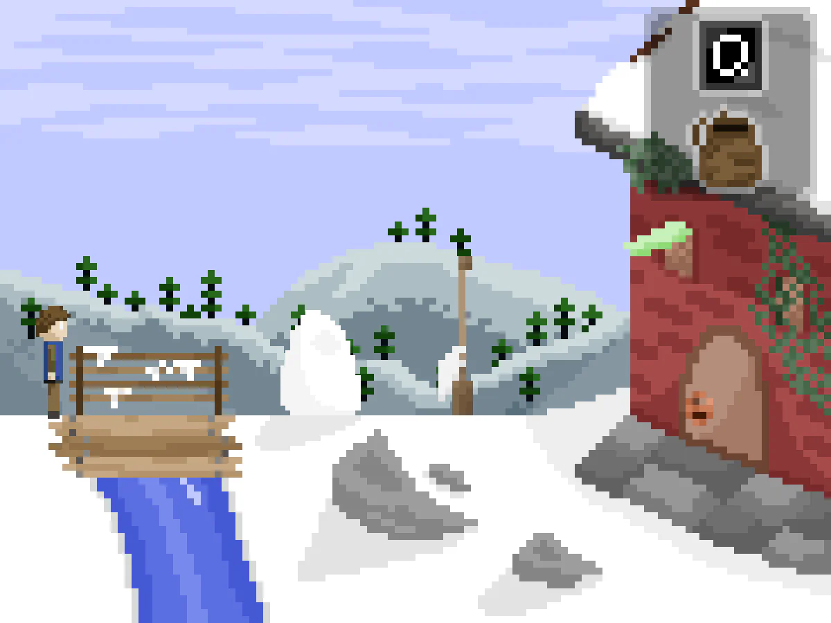 Kinboundで、主人公が雪道の橋を渡り、右手に赤い建物が見える隣接区画へ進んだゲーム中画面