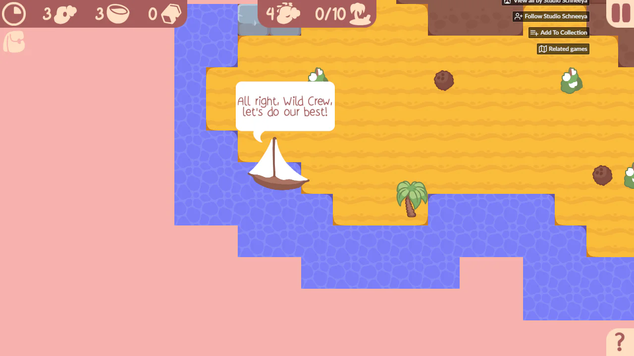 Kobolm Rescueで浜辺の島に帆船が着き、救助隊のKobolmが会話しているゲーム中画面