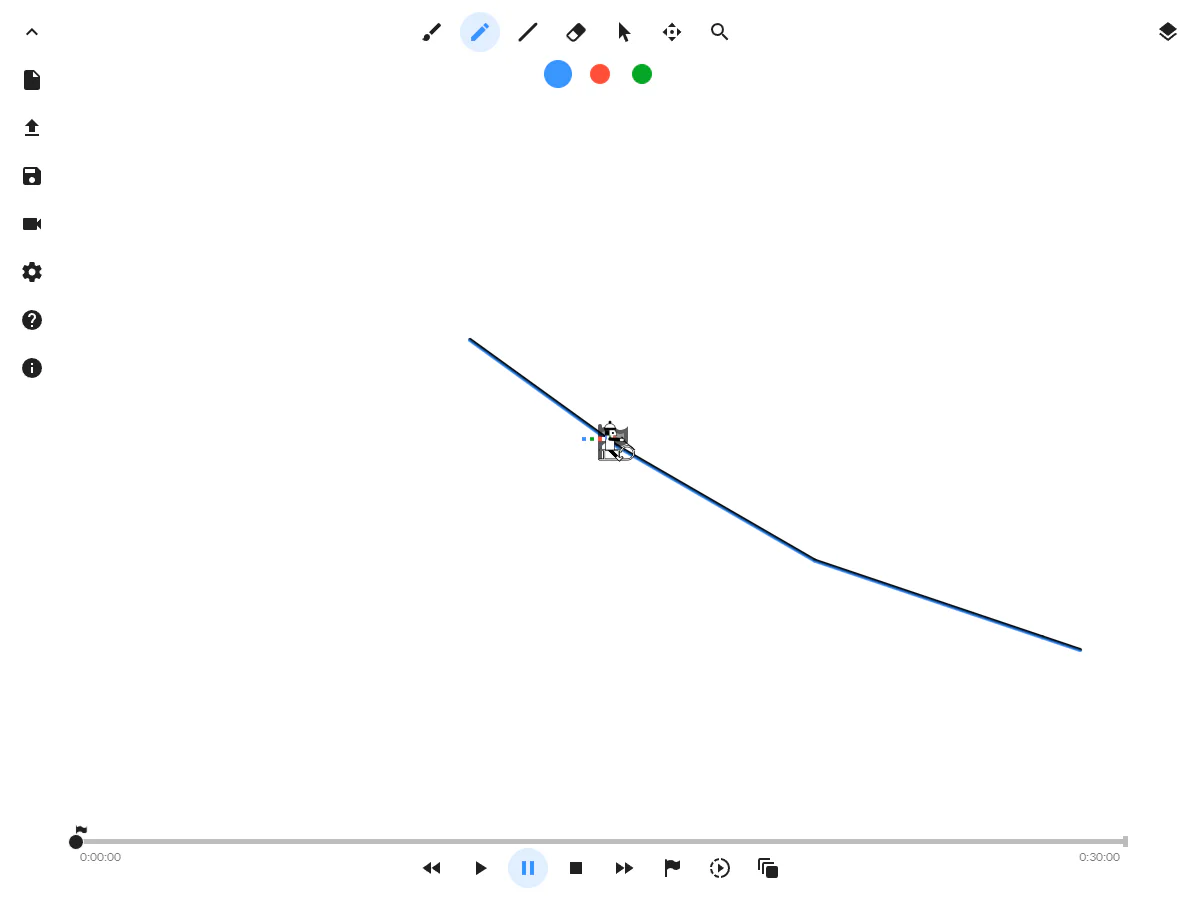 Line Riderの編集画面に右下へ続く青と黒の斜面と、その上のそりの乗り手が表示された状態