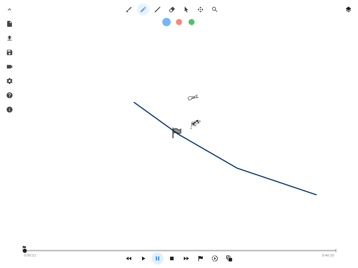 Line Riderで斜面コースを一時停止し、斜面の上方にそりの乗り手と灰色の軌道表示が見える画面