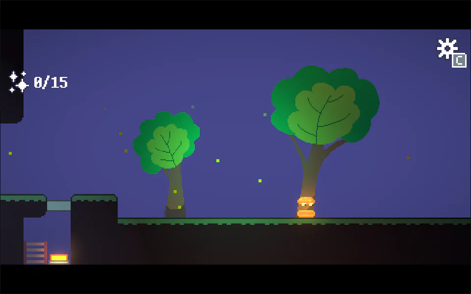The Adventure of the Little Burgerで木のある地上を進むバーガーと、左上の星の収集数0/15が表示されたゲーム画面